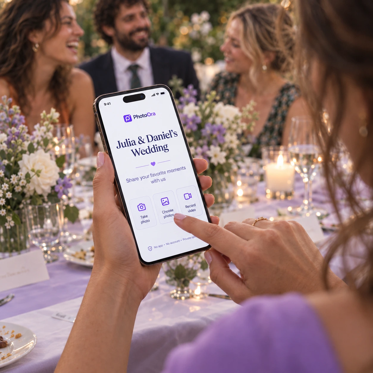 An over-the-shoulder view of a wedding guest choosing photos on a phone held comfortably in her hand