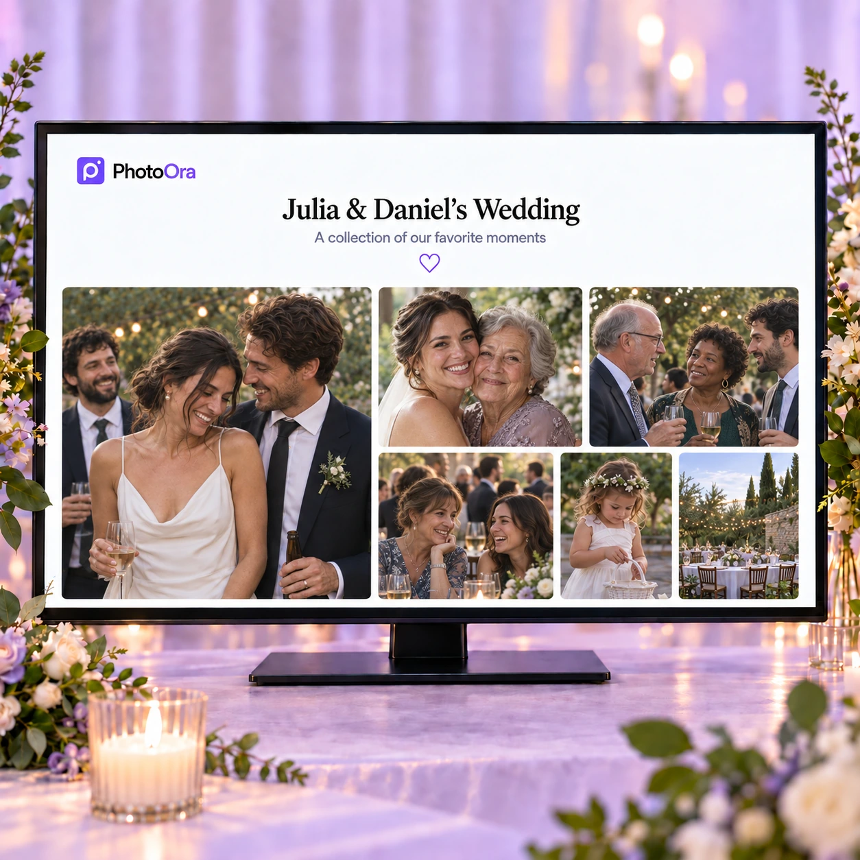 A screen displaying Julia and Daniel's wedding gallery with candid photos of the couple, grandmother, guests and flower girl